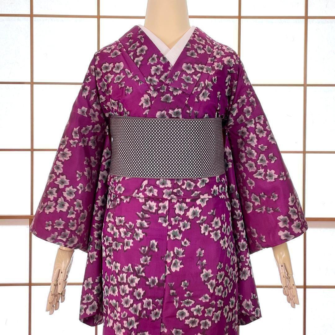 銘仙 着物 袷 正絹 枝花柄 赤紫色 アンティーク着物 A-1635 - メルカリ