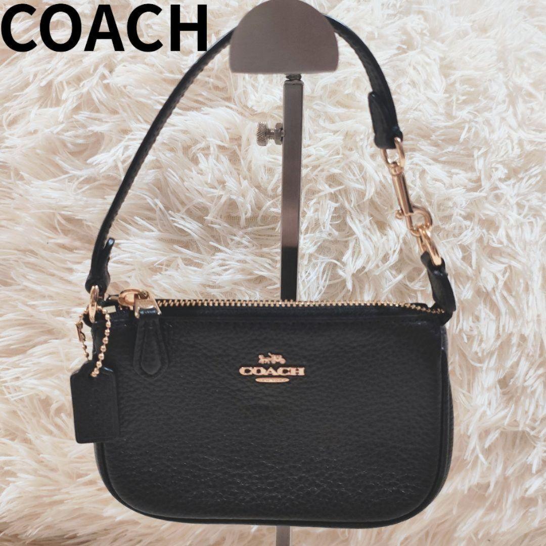 COACH アクセサリーポーチ ハンドバッグ 黒 レザー シボ革 ゴールド
