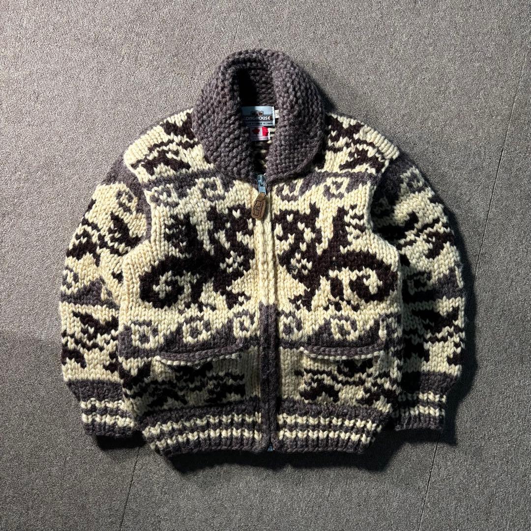 カナダ製 LONGHOUSE カウチンニットセーター ジップアップ 即決 カナダ製 LONGHOUSE メンズL位 カウチンセーター ロングハウス 熊