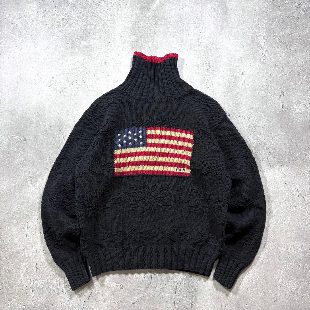 90s〜 Ralph Lauren 星条旗 Cotton Knit 90s ポロ ラルフローレン 星条旗 コットンニット セーター 紺 L