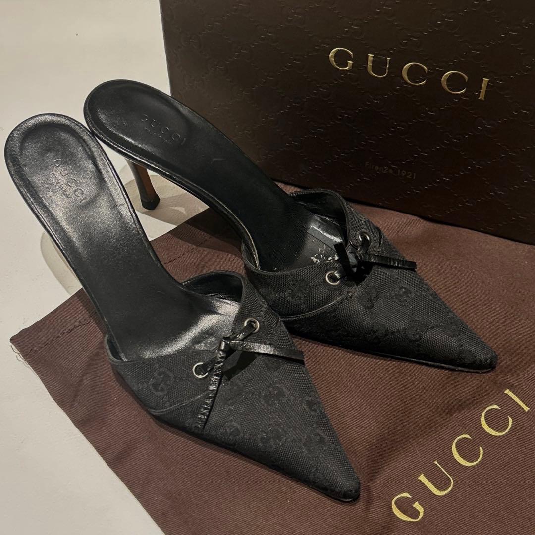 GUCCI グッチ GGキャンバス ミュール ブラック 39 リボン Gucci Lawrence Crystal Snake-Embroidered Slipper Mules Black