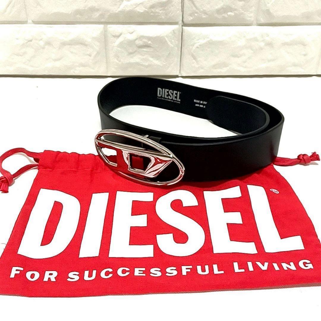 【美品】DIESEL　ディーゼル　メタルDバックル　カウレザー　ベルト　ブラック DIESEL (ディーゼル) 牛革 オーバルロゴ バックル留め ベルト 75cm