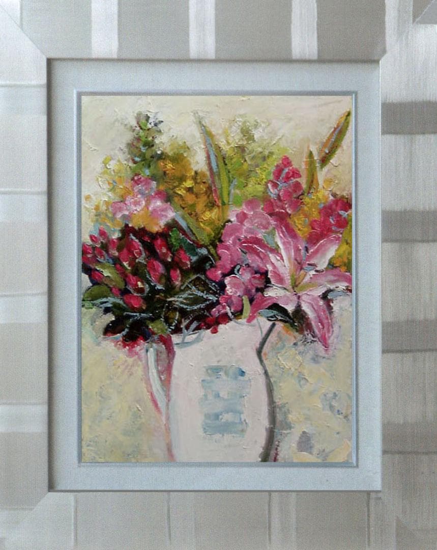 油絵 菅家令子 絵 絵画インテリア額付(青緑＋金色の枠) uF6-112302