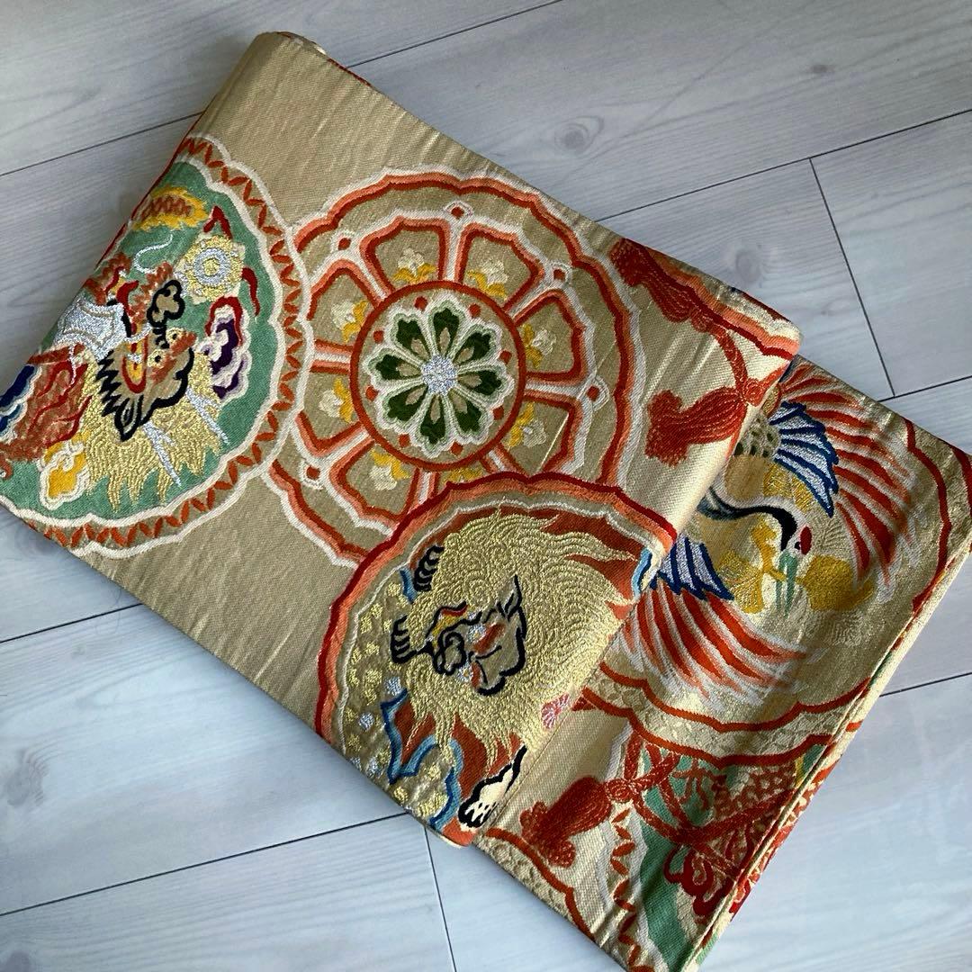 アンティーク丸帯　龍・鶴・唐獅子　織り出し　大正ロマン　正絹　No.77-100