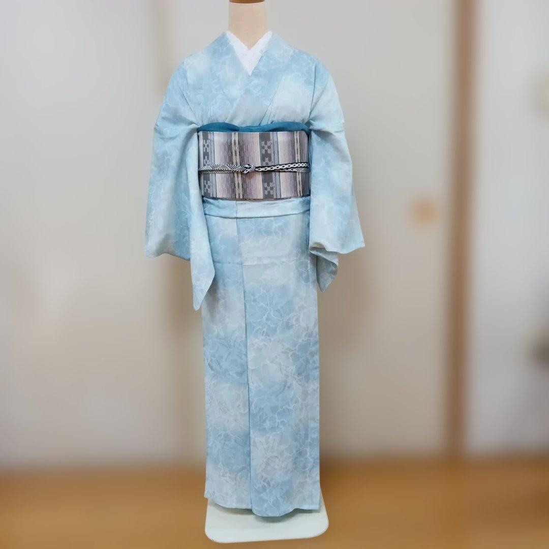 水色 花柄 紋紗着物 銀座【C-3181】紋紗 色無地 朝縹色 花唐草の地紋 :身丈162.5/裄67.5