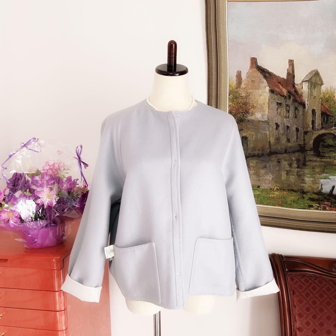 美品 HERMÈSエルメス カシミヤ ショート ノーカラー コート ブルー