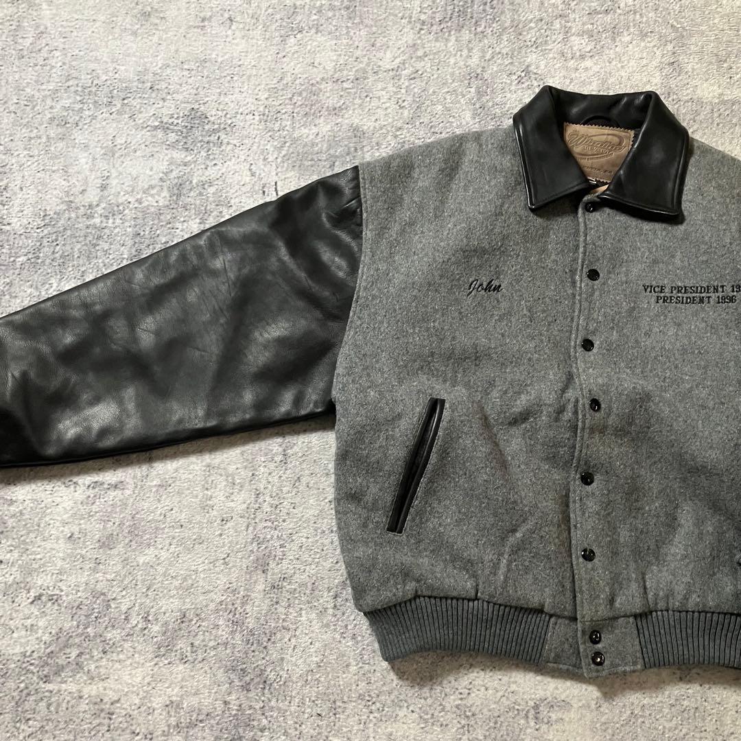 90sUSA製ウールレザーLAKCKARTCLUBスタジャングレー×ブラック