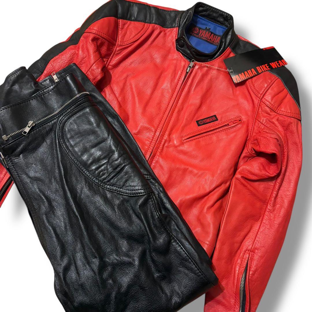 希少 YAMAHA ヤマハ レーシング レザースーツ つなぎ 牛革 赤黒 L 即決 YAMAHA メンズ L レザーレーシングスーツ ヤマハ 黒 メッシュ 赤