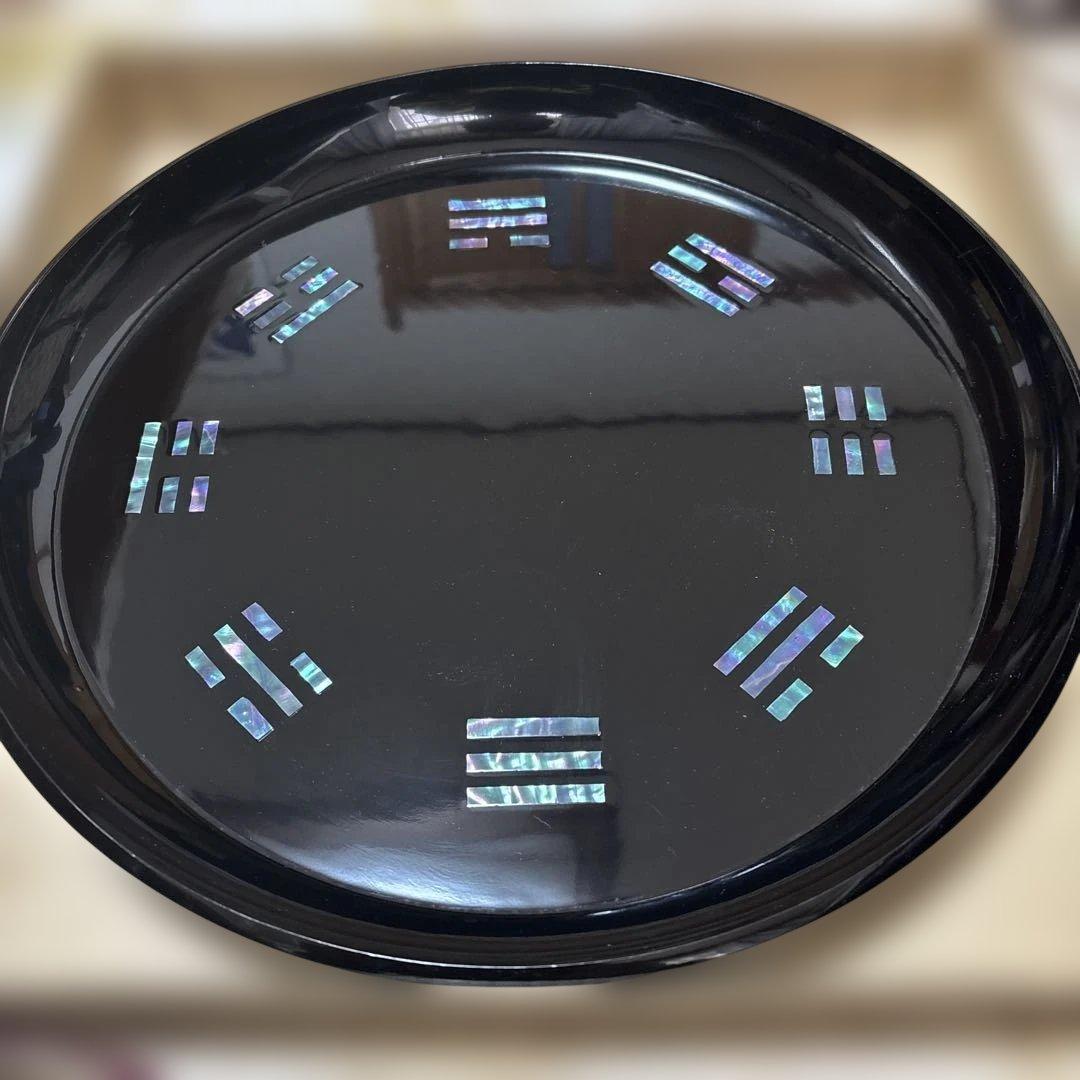 ほぼ未使用 茶道具 木製黒和島塗 螺鈿細工 青貝 八卦盆 丸盆 元箱