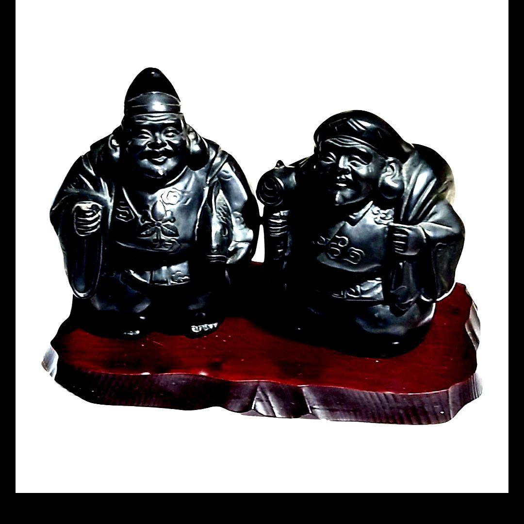 七福神 大黒天 恵比寿 陶器置物 ペア 台座付き 重量級 昭和レトロ