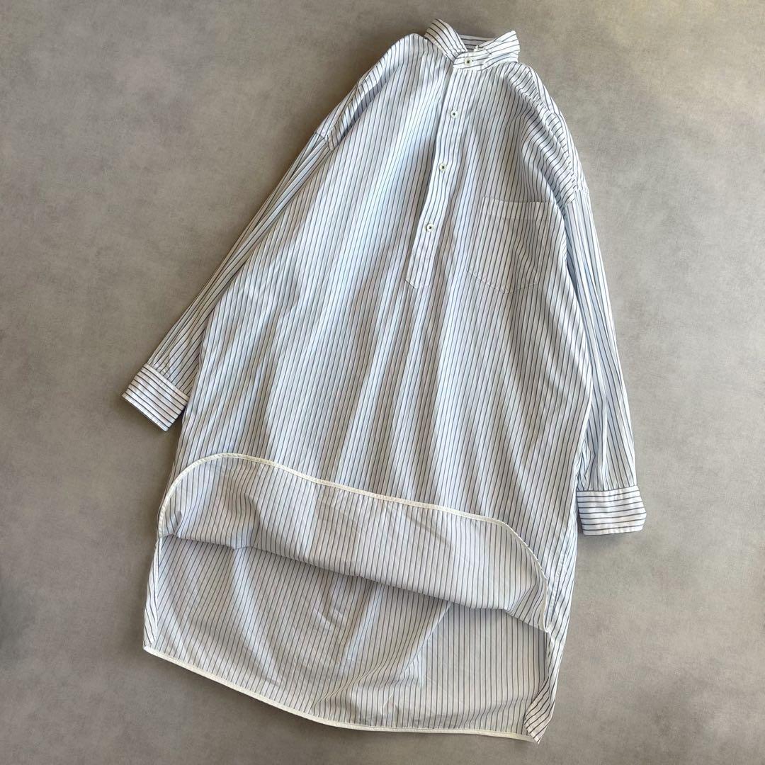 美品△TICCA ティッカ//ブルーストライプ スキッパーロングシャツ