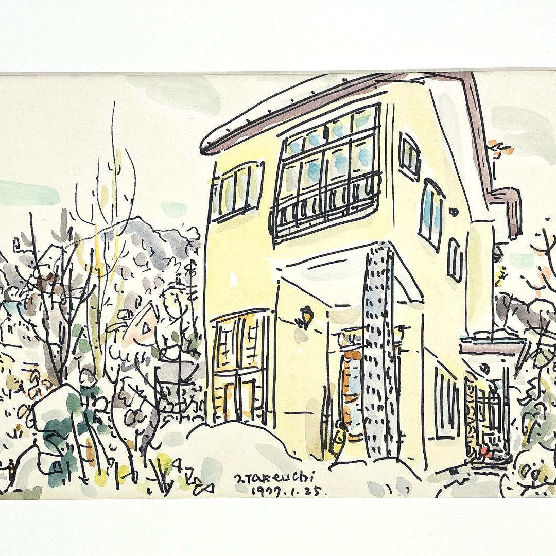 美品 竹内一郎『山麓冬の家』水彩画 真作 1977年 直筆サイン入り