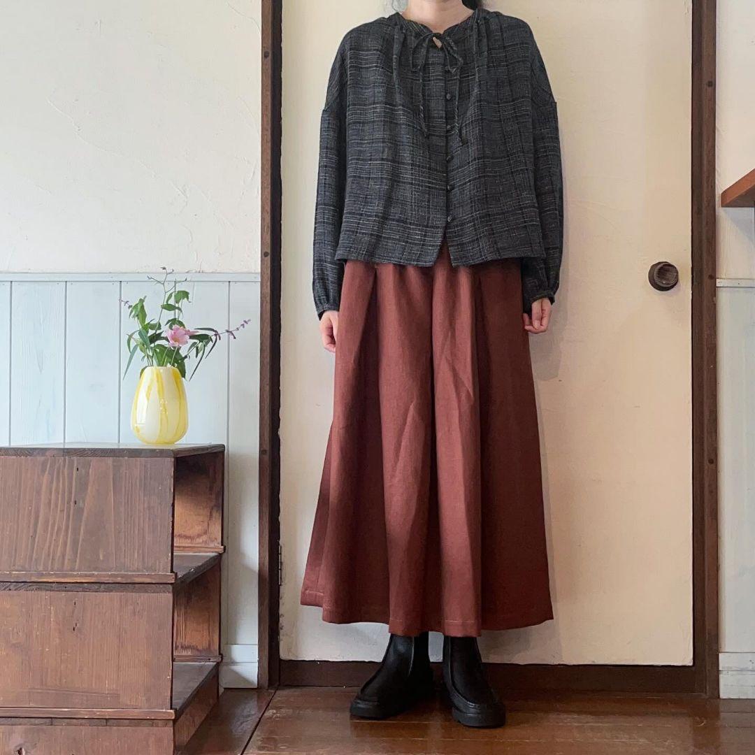 2024年 entwaボートネックギャザーブラウス ウールリネンチェック