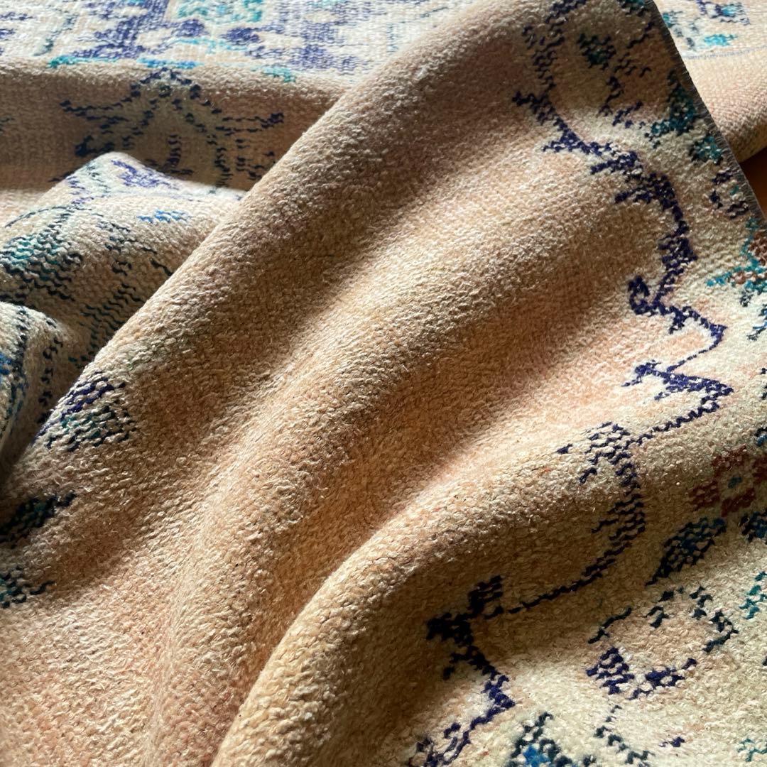 99×222 ペールベージュ×ブルー メダリオン 擦れトルコヴィンテージラグ
