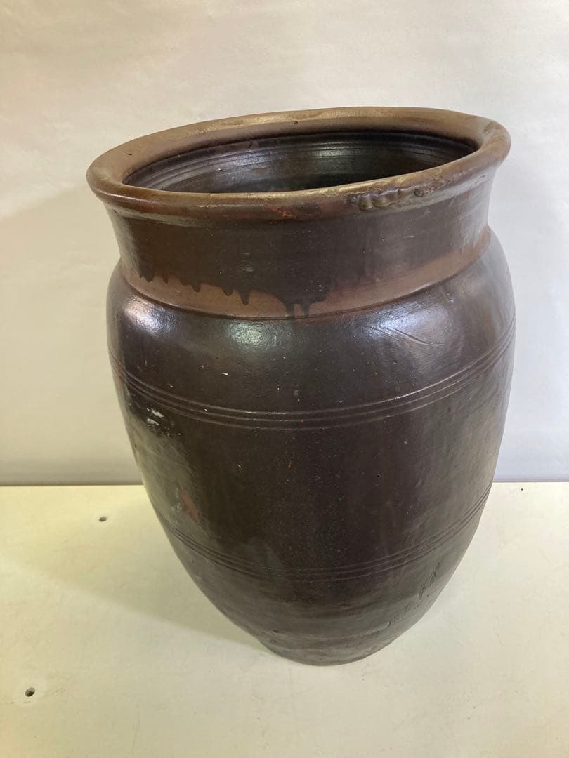 古道具 甕 昭和レトロ 陶器製 オブジェ 陶器製水鉢 ダークブラウン 約