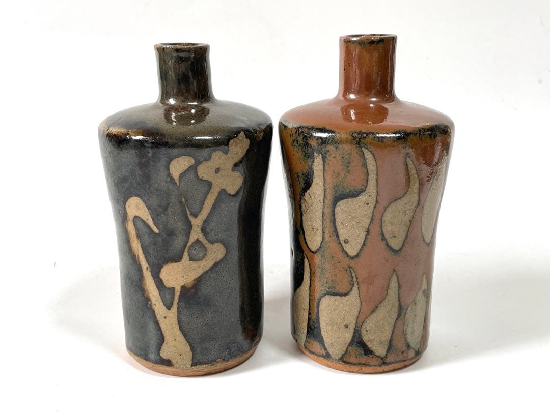 人間国宝 濱田庄司 浜田庄司 柿釉 鉄釉 酒器 徳利 盃 一対 共箱