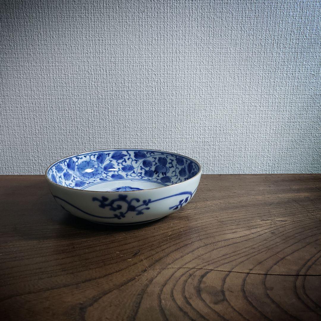 なます皿 古伊万里 染付 江戸 花唐草 五弁花 蛇の目 渦福 ロ号 訳あり