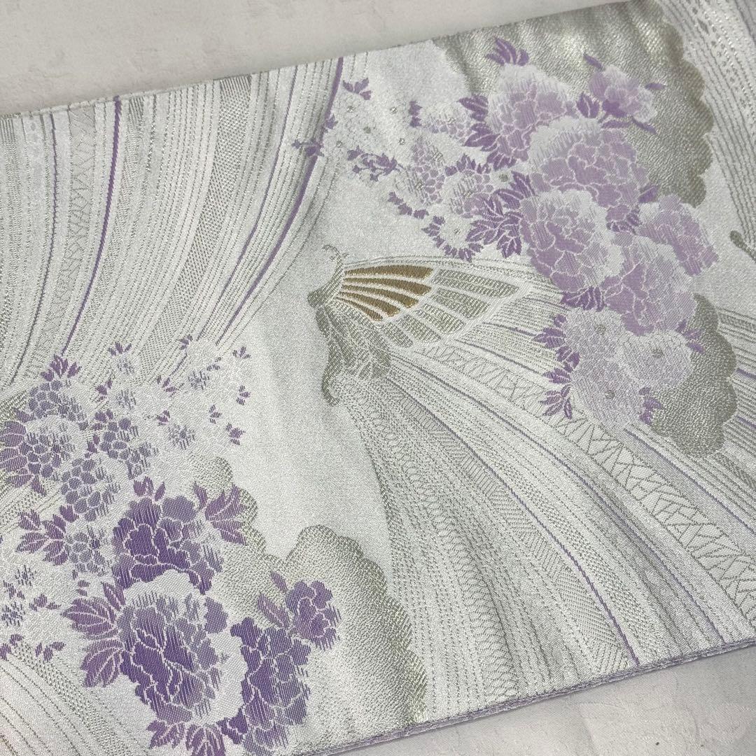 袋帯】 洗える 白色 紫色 シルバー 蝶 クリアホワイト モダン K - メルカリ