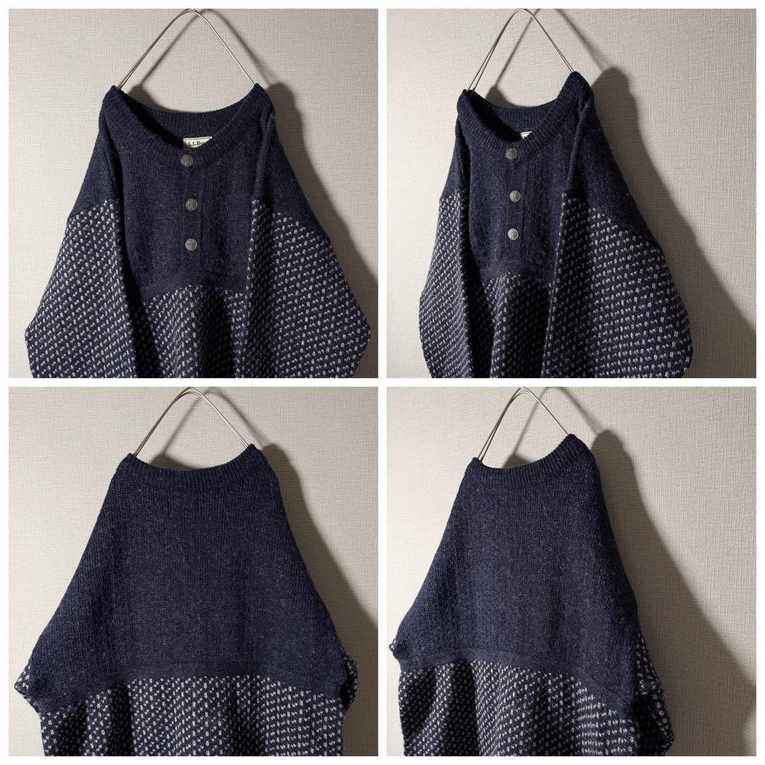 ノルウェー製★L.L.Bean バーズアイニット ハーフボタン ネイビー 人気L