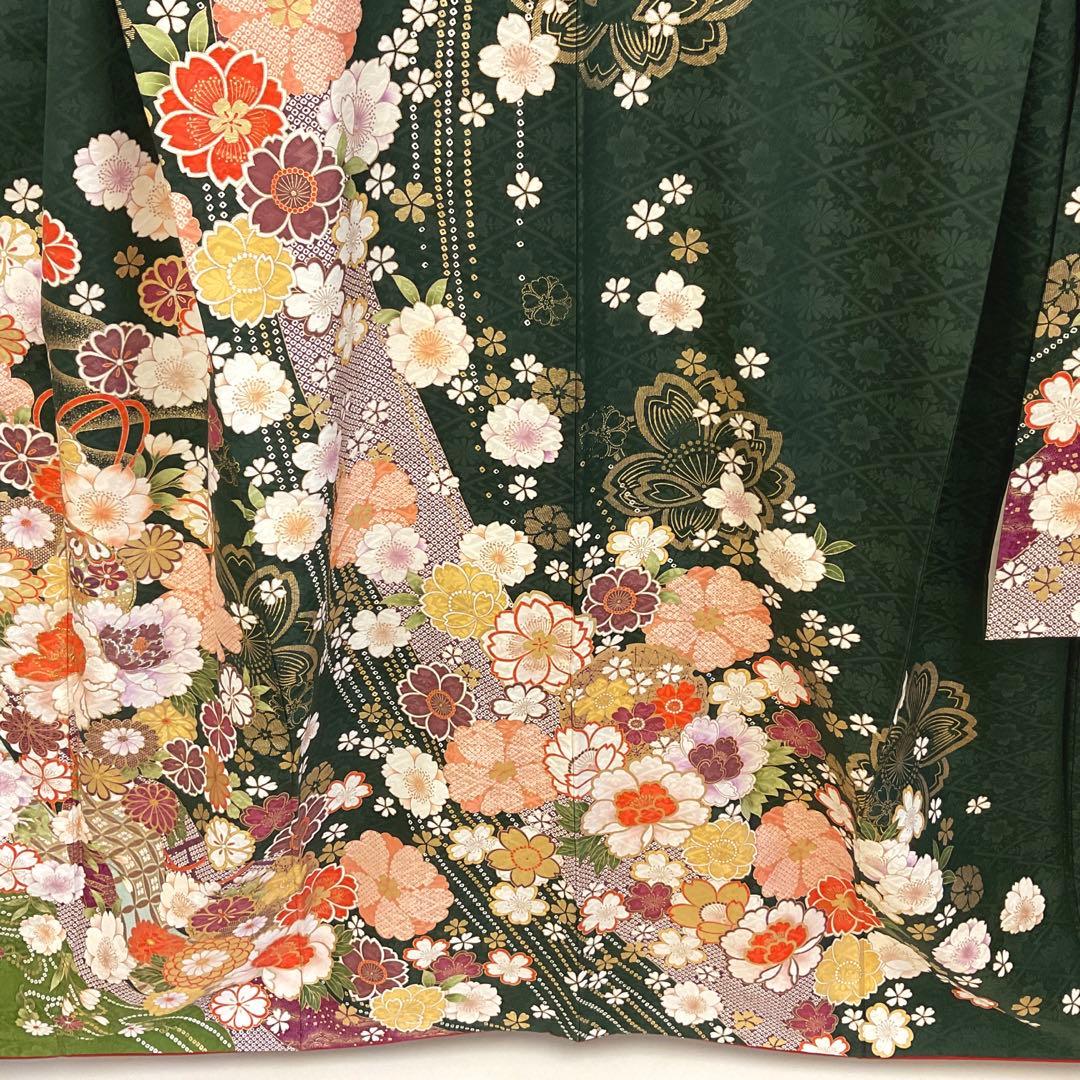 綺麗な地模様入りのグリーン地に桜が可愛い振り袖フルセット➕着付け用