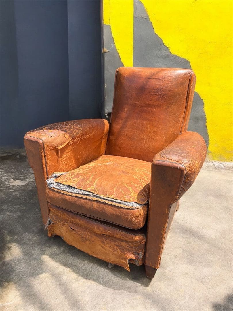 レザー クラブチェア フランス アンティーク 本革 1人掛け ソファ フレンチスタイル ヴィンテージナチュラルレザー クラブチェア