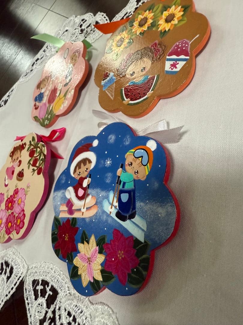 トールペイント作品 ひな祭り 木製 壁掛け リボン付き 春夏秋冬の飾り