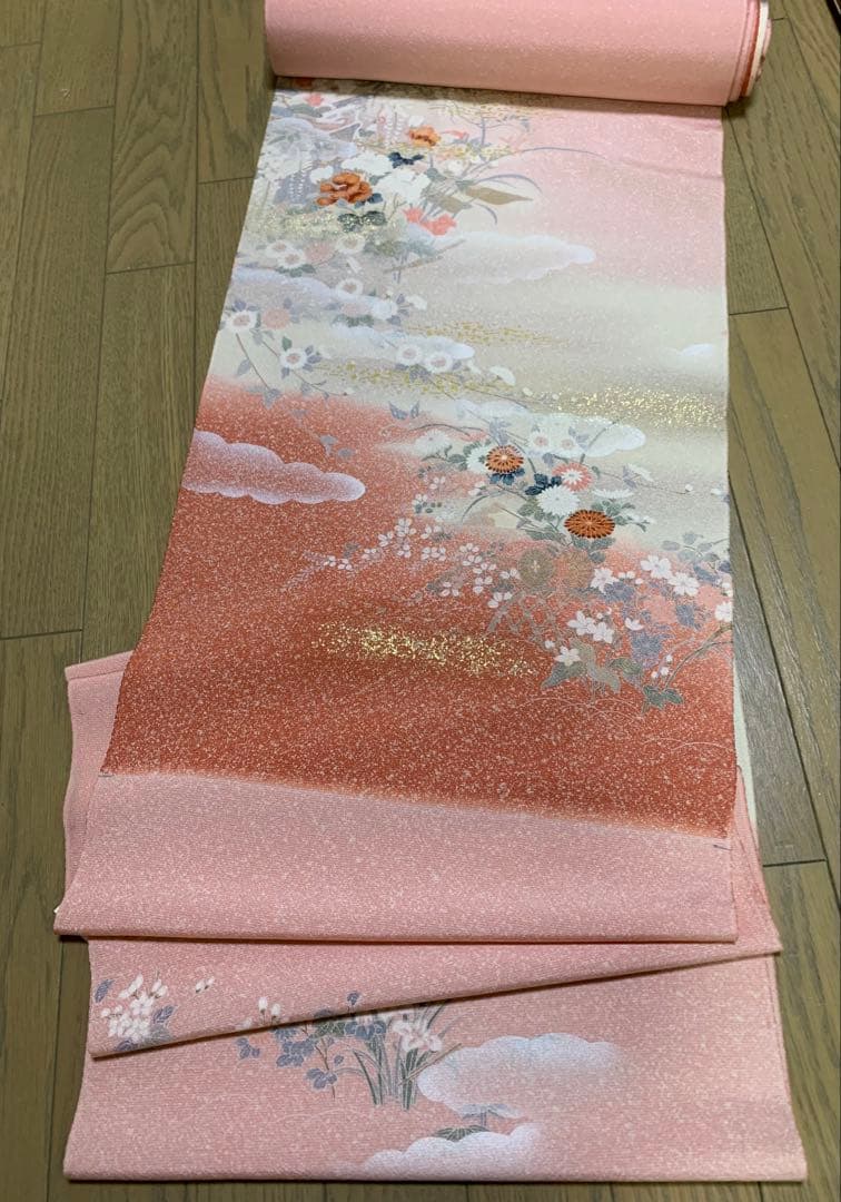 正絹 花柄 付け下げ着物反物 ピンク 12.5m