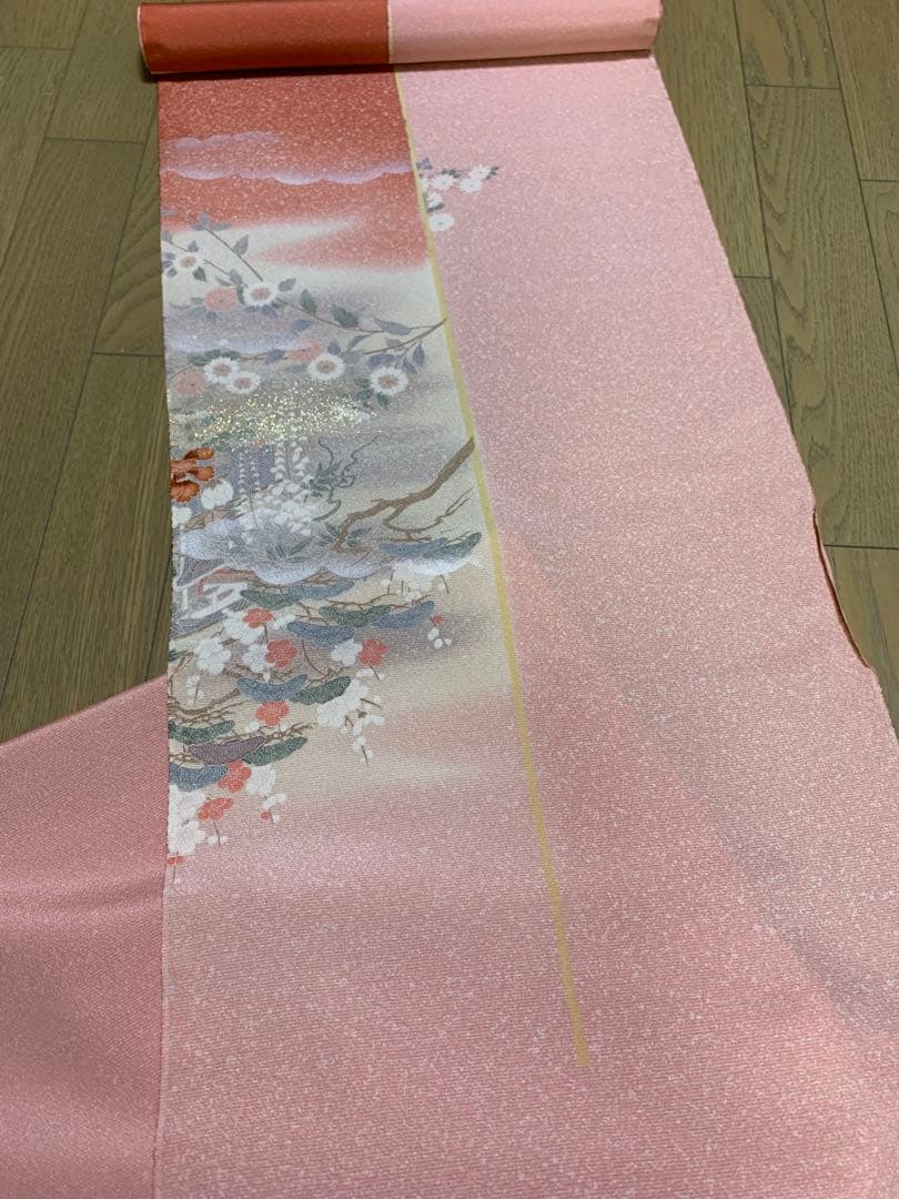 正絹 花柄 付け下げ着物反物 ピンク 12.5m