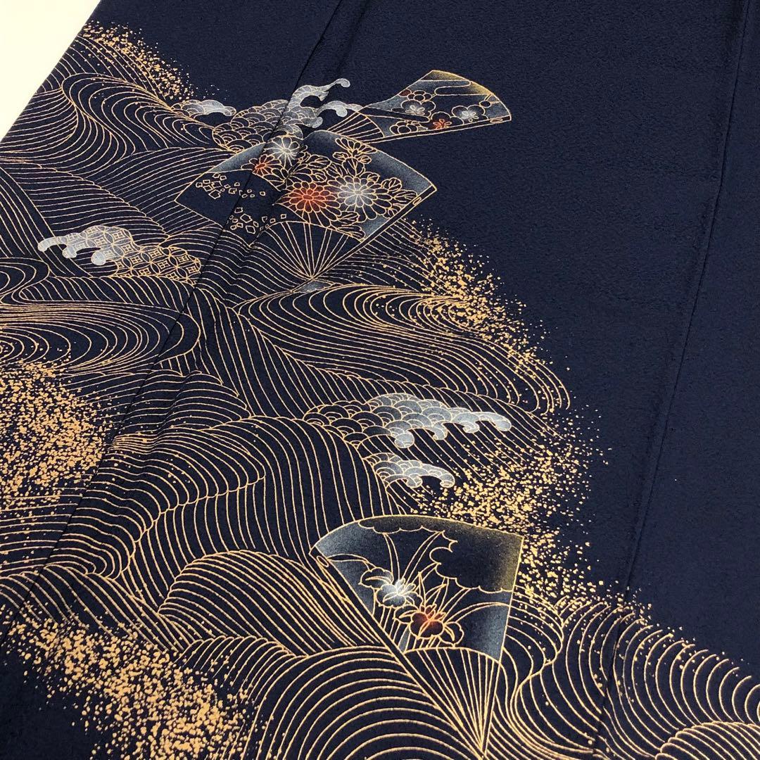 付下げ 波模様に扇子に花柄模様 金彩 KK-2138 - メルカリ