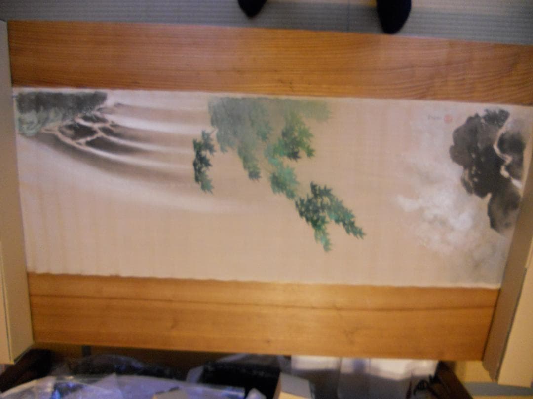 掛け軸 マクリ 長谷川竹友 滝に楓 日本画家 絹本肉筆 愛媛 未装 まくり