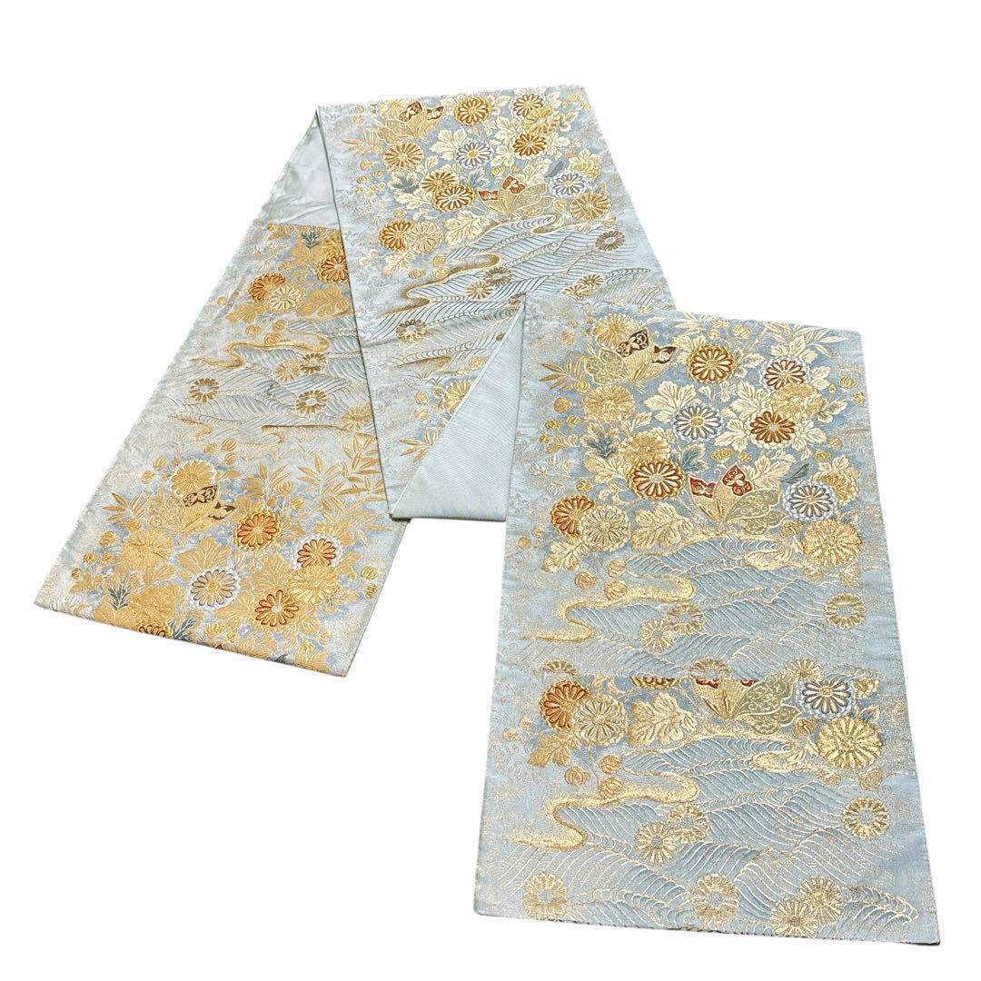 A4美品袋帯 六通柄 金糸 唐織 刺繍 菊 蝶 正絹 着物 - メルカリ
