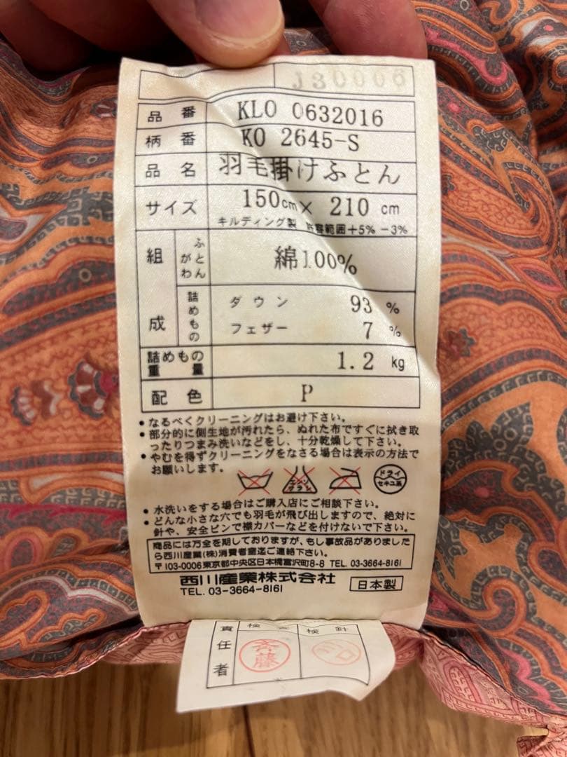 東京西川 超長綿100% セルビア産マザーグースダウン93% 1.2k 一層