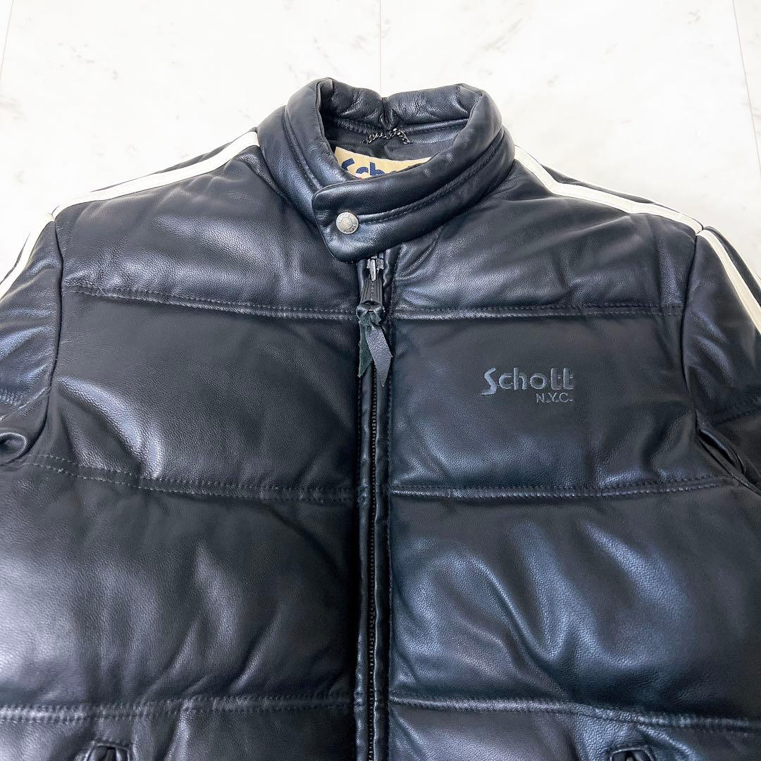 極美品》schott ラムレザーダウンジャケット 羊革 袖ライン ブラック L