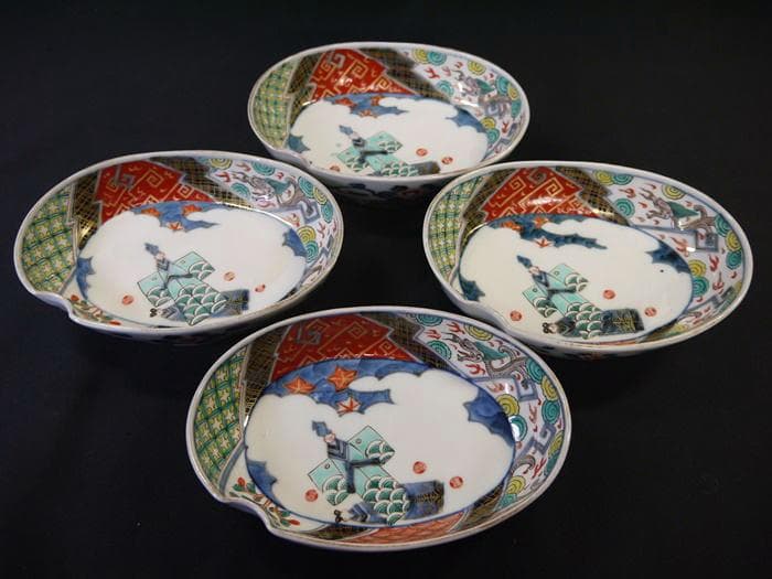 古伊万里色絵 楕円変形深皿 可愛い立ち雛ノ図 4客 お雛様 桃の節句に