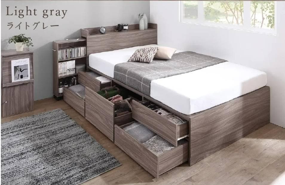 ダブルサイズ スライド収納付き 大容量チェストベッド ライトグレー 天然木調スライド収納付き 大容量チェストベッド Every-IN2 エブリー