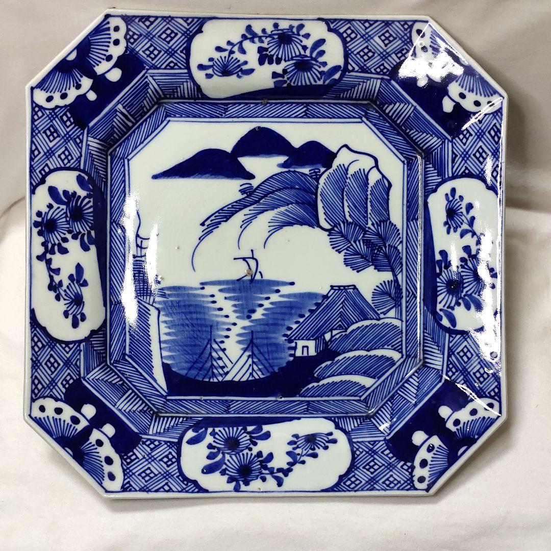 古伊万里焼 染付け 角皿 山水図 手作り 在銘 置物 旧家蔵出 コレクター