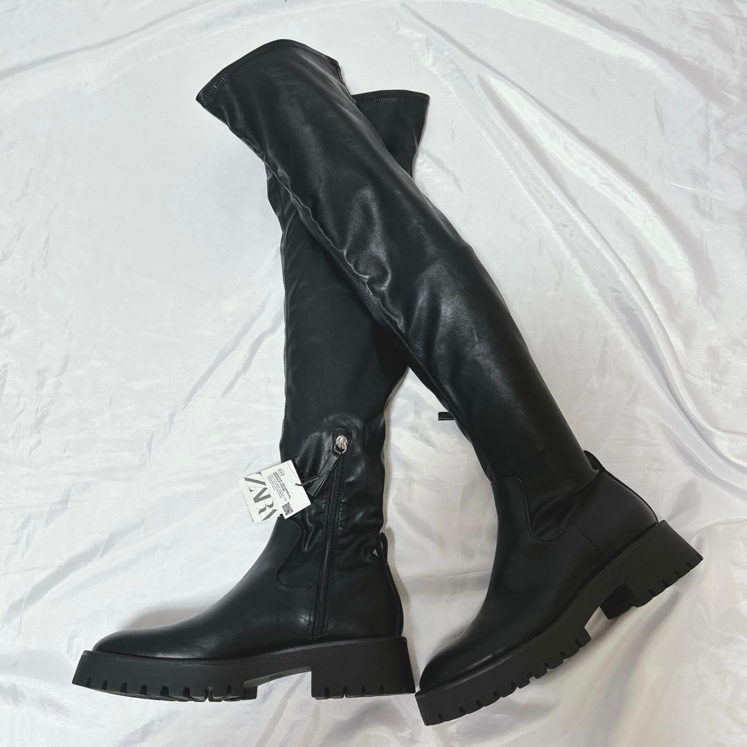 新品】ZARA ニーハイブーツ ロングブーツ トラックソール 黒 ブラック