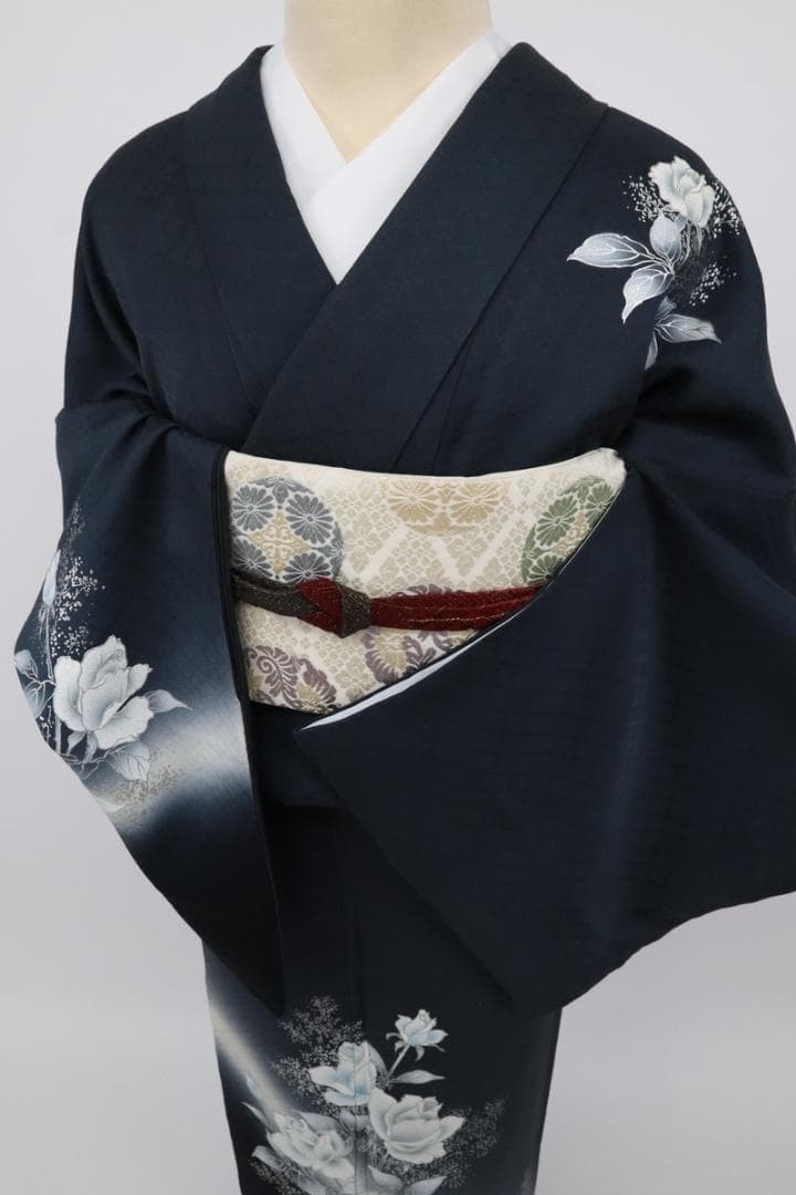 《長尺■付下げ■しっとり薔薇の花模様■若松菱地紋■袷正絹着物◆SB3-26》