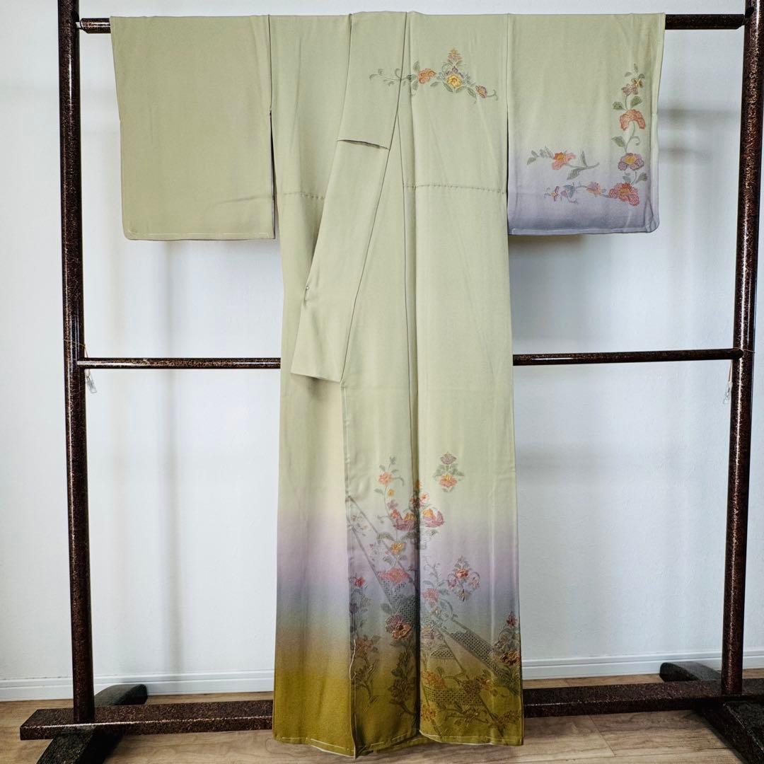 しつけ付き 正絹 袷 訪問着 着物 161裄64 汕頭刺繍 グラデ 黄緑 虹