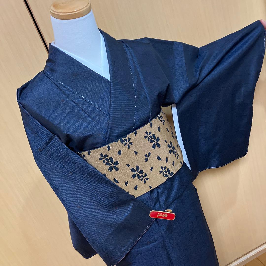 大島紬 ASアンサンブル 着物と道中着セット 藍色大島 麻の葉模様