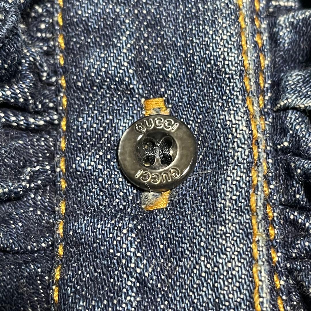 グッチ】美品デニム フリルシャツ インディゴ ロゴボタン レザータグ