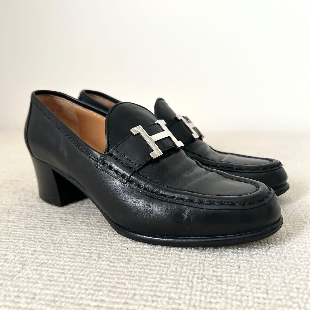 エルメス ローファー コンスタンス H金具 ヒール パンプス 黒 23cm