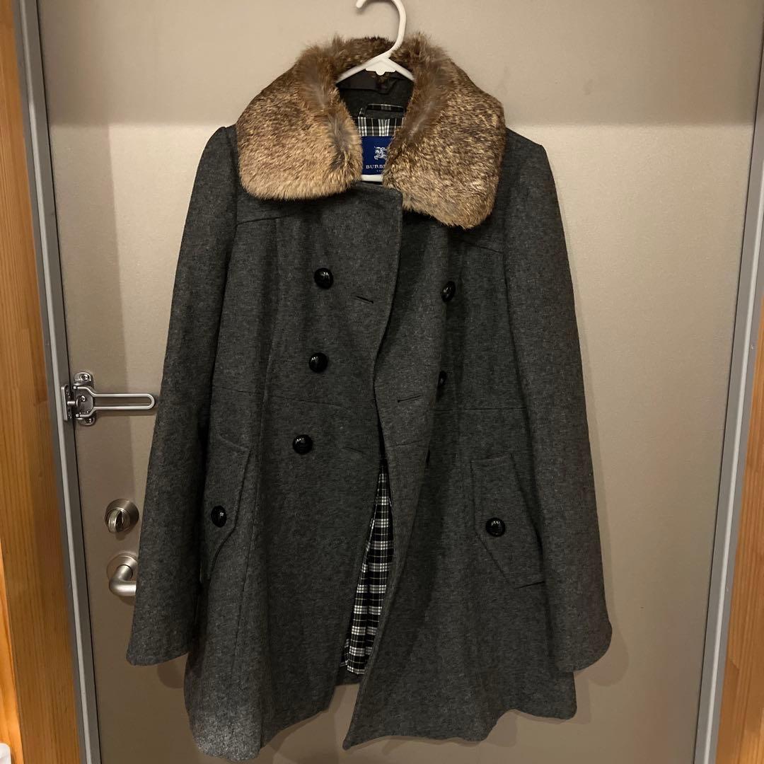 グレー ウール ピーコート ファー襟付き ViViDAY ピーコート pコート 襟リボン ふわふわエコファー付き袖口