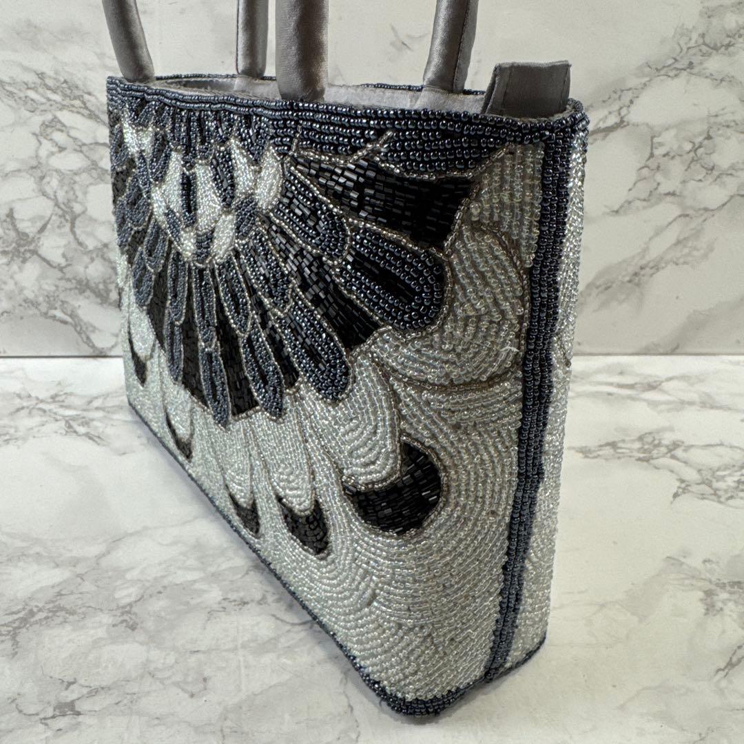 ハンドメイド ノーブランド ビーズ刺繍 シルバーカラー トート