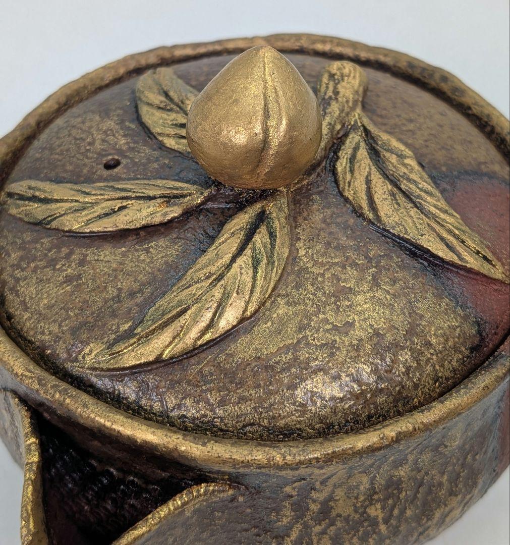 鈴木篤夫 備前焼 金彩備前桃摘宝瓶 四方桟共箱共布栞 手造り宝瓶 煎茶