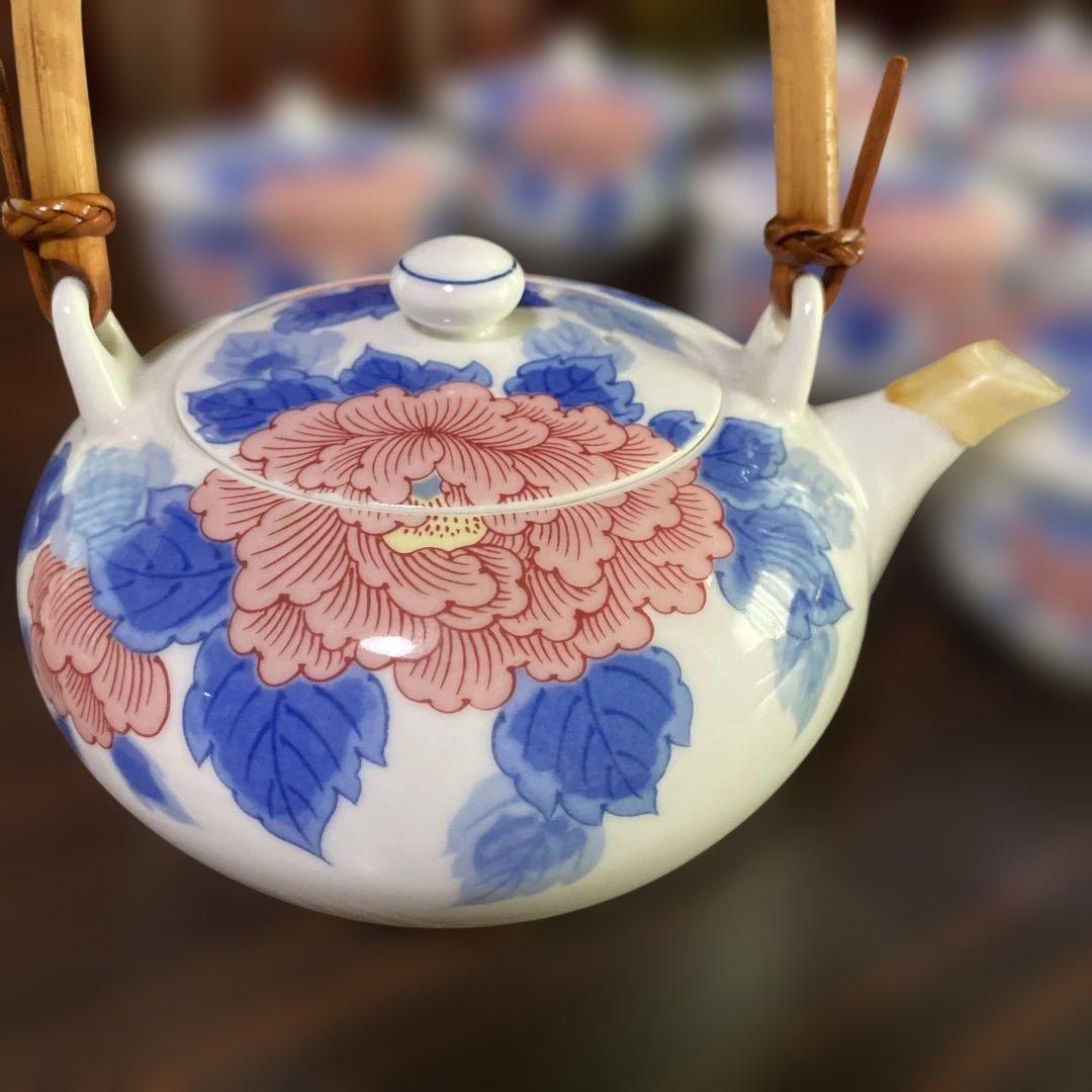 有田焼 有田有陶作 色牡丹絵柄 急須と蓋付き湯呑み10セット