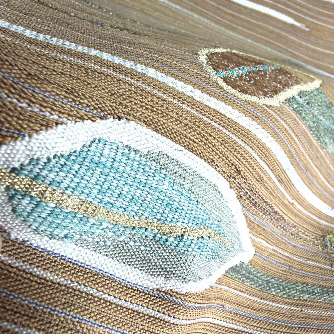 正絹　紬　袋帯《縞　葉模様》