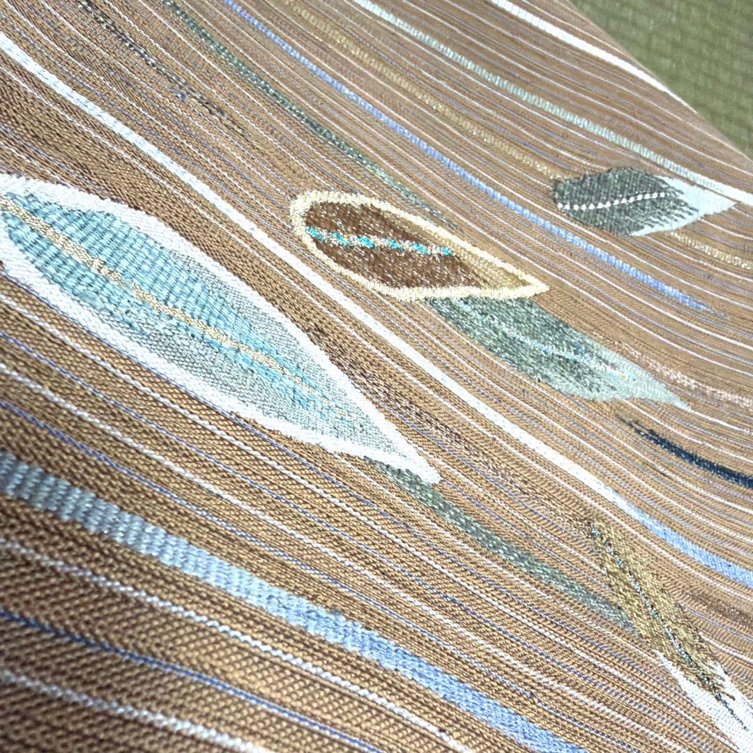 正絹　紬　袋帯《縞　葉模様》