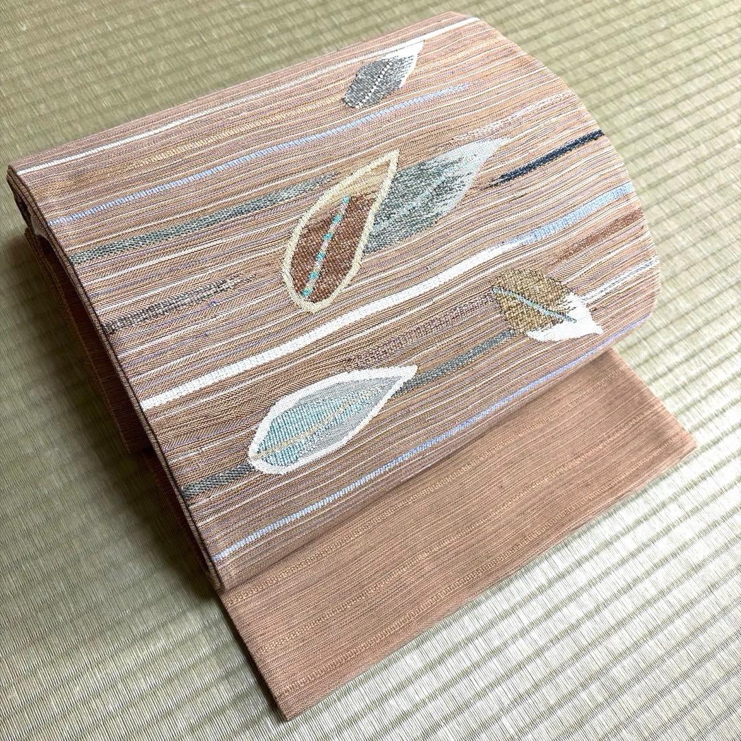 正絹　紬　袋帯《縞　葉模様》