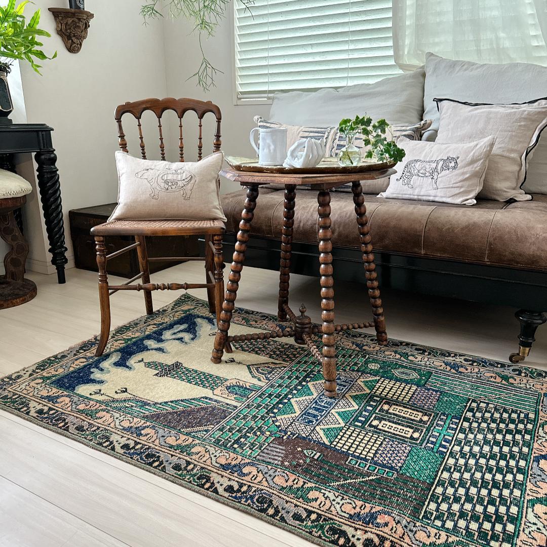 トルコ ヴィンテージラグ A1 レア イエロー グリーン ネイビー ピンク